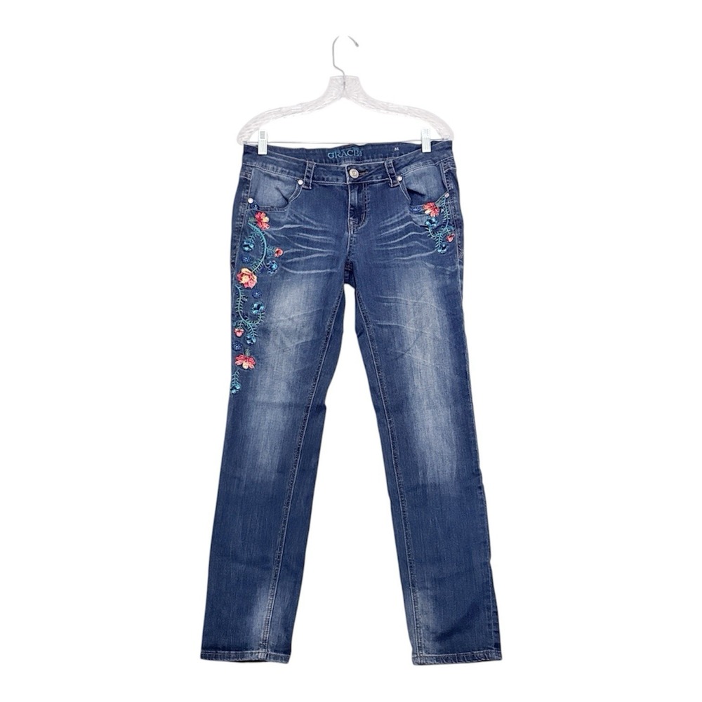 GRACE in LA Womens Embroidered Y2K Boho Jeans Size 31 Blue Festival Boho Stretch